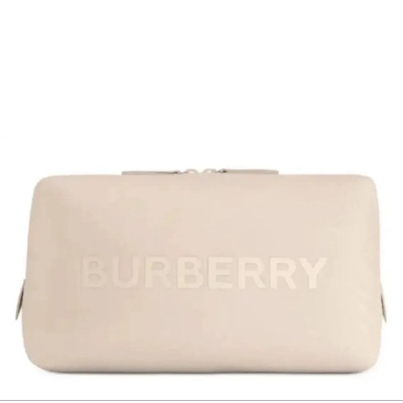 Burberry Logo Clutch Toiletry Bag Cosmetic Travel Bag Beige Polyester NWT - Picture 1 of 12